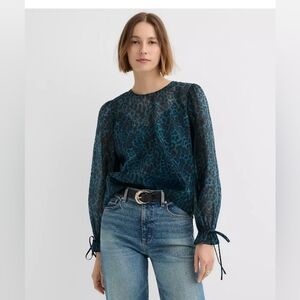 NWT Chic Teal Leopard Print Long-Sleeve Blouse